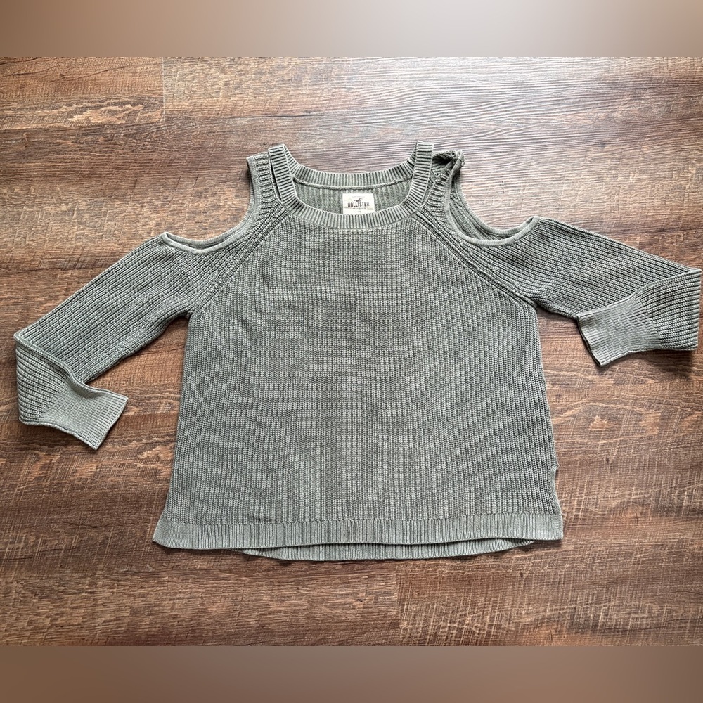 HOLLISTER cold shoulder olive green ribbed knit cotton sweater sz L cute casual - Picture 16 of 16